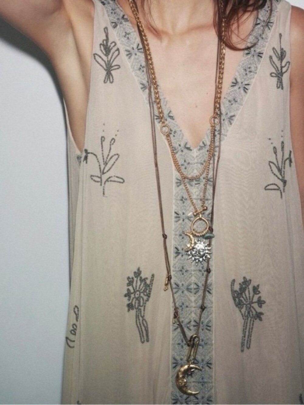 Zara Layered Necklace Bohemian Cord Gold Chain Celestial Sun Moon 4736/207 NWT